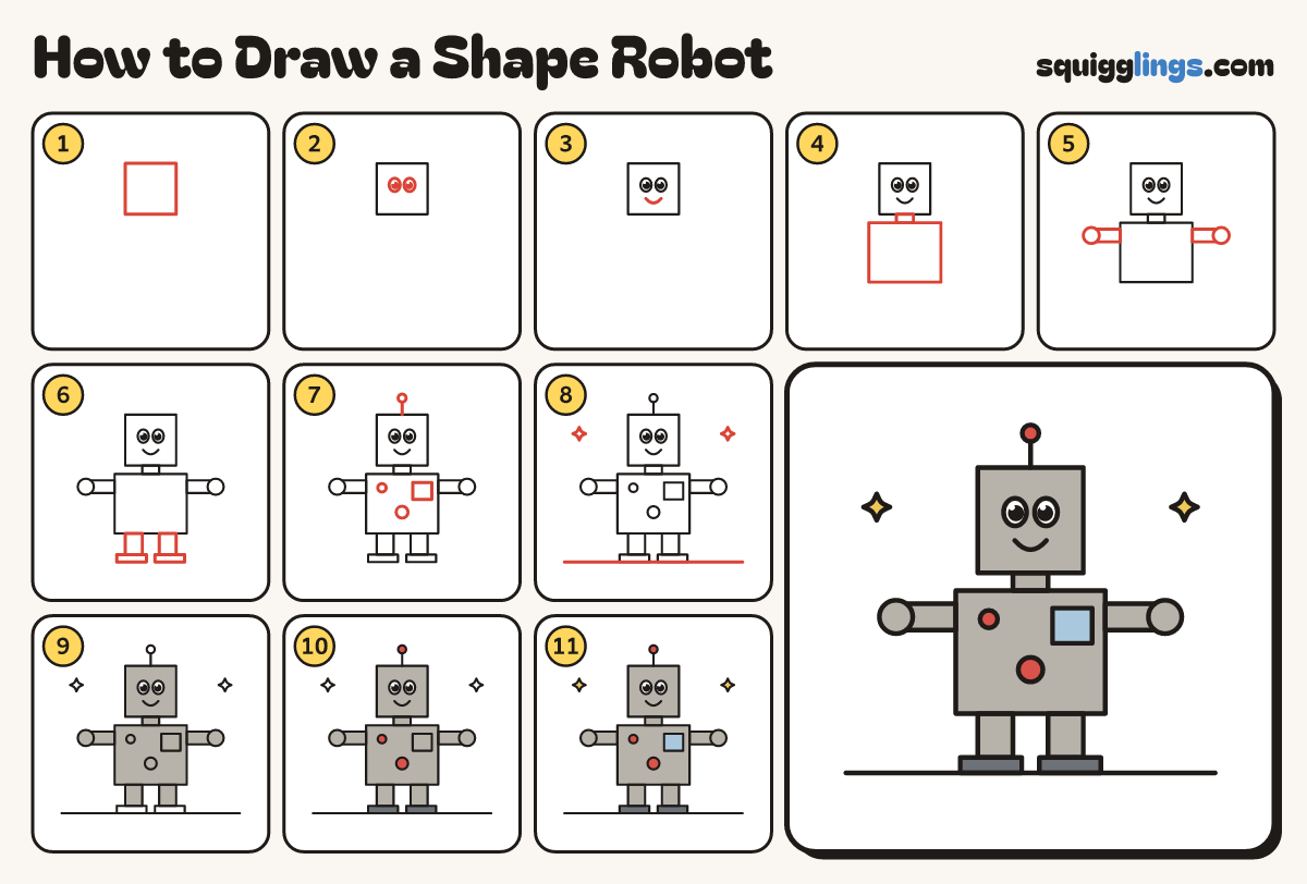 How to Draw a Shape Robot step by step: all 11 steps in one picture