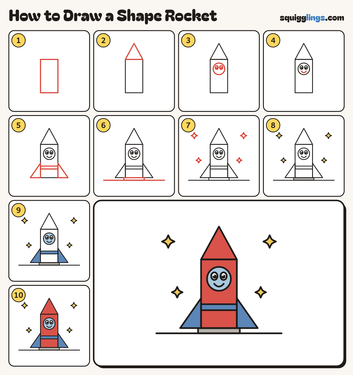 How to Draw a Shape Rocket step by step: all 10 steps in one picture