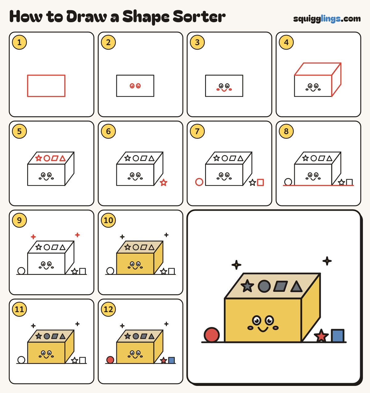 How to Draw a Shape Sorter step by step: all 12 steps in one picture