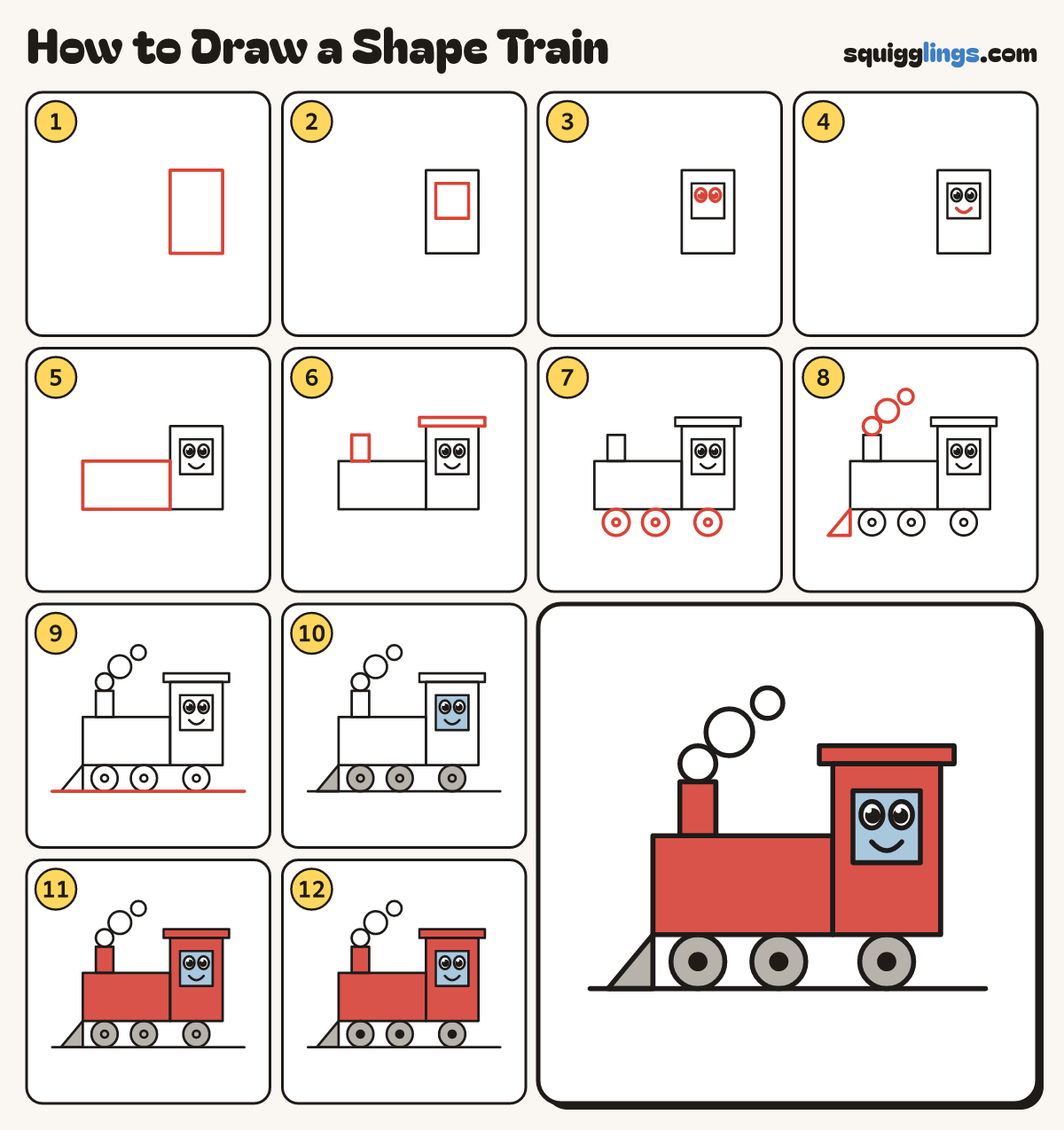 How to Draw a Shape Train step by step: all 12 steps in one picture