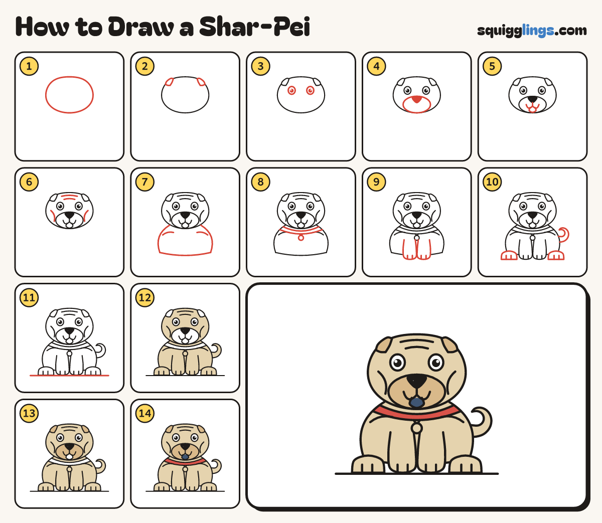 How to Draw a Shar-Pei step by step: all 14 steps in one picture