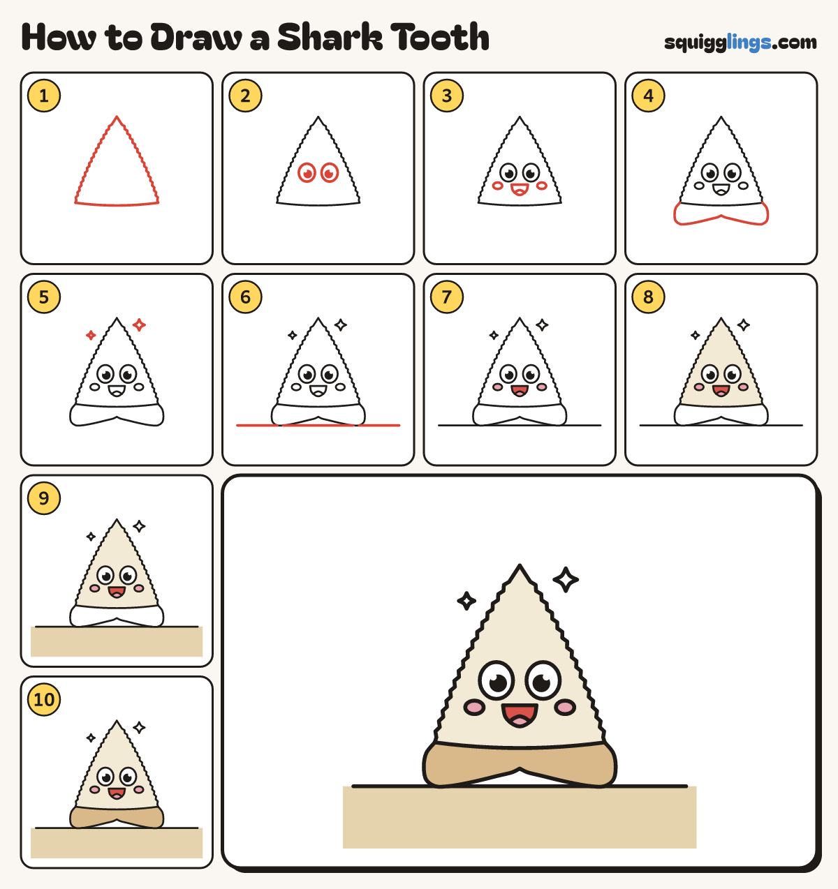 How to Draw a Shark Tooth step by step: all 10 steps in one picture