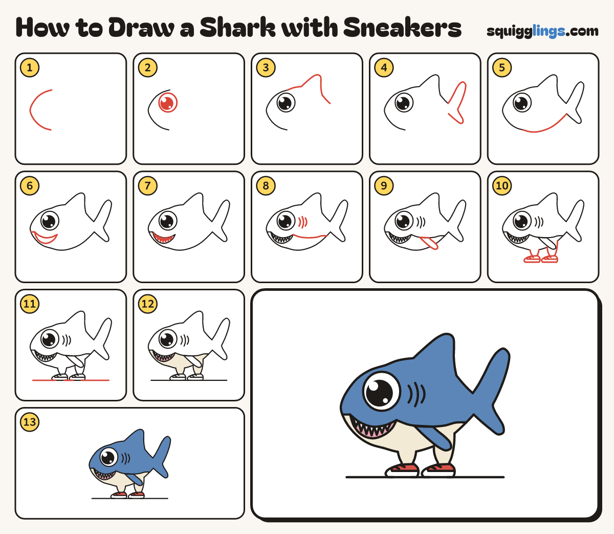 How to Draw a Shark with Sneakers step by step: all 13 steps in one picture