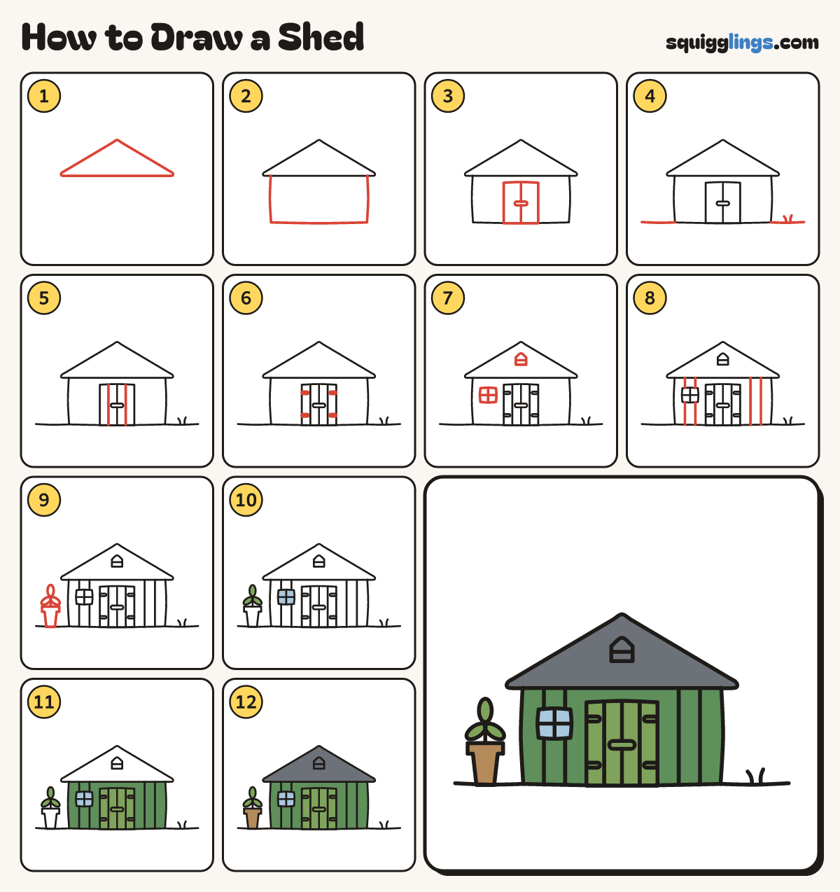 How to Draw a Shed step by step: all 12 steps in one picture