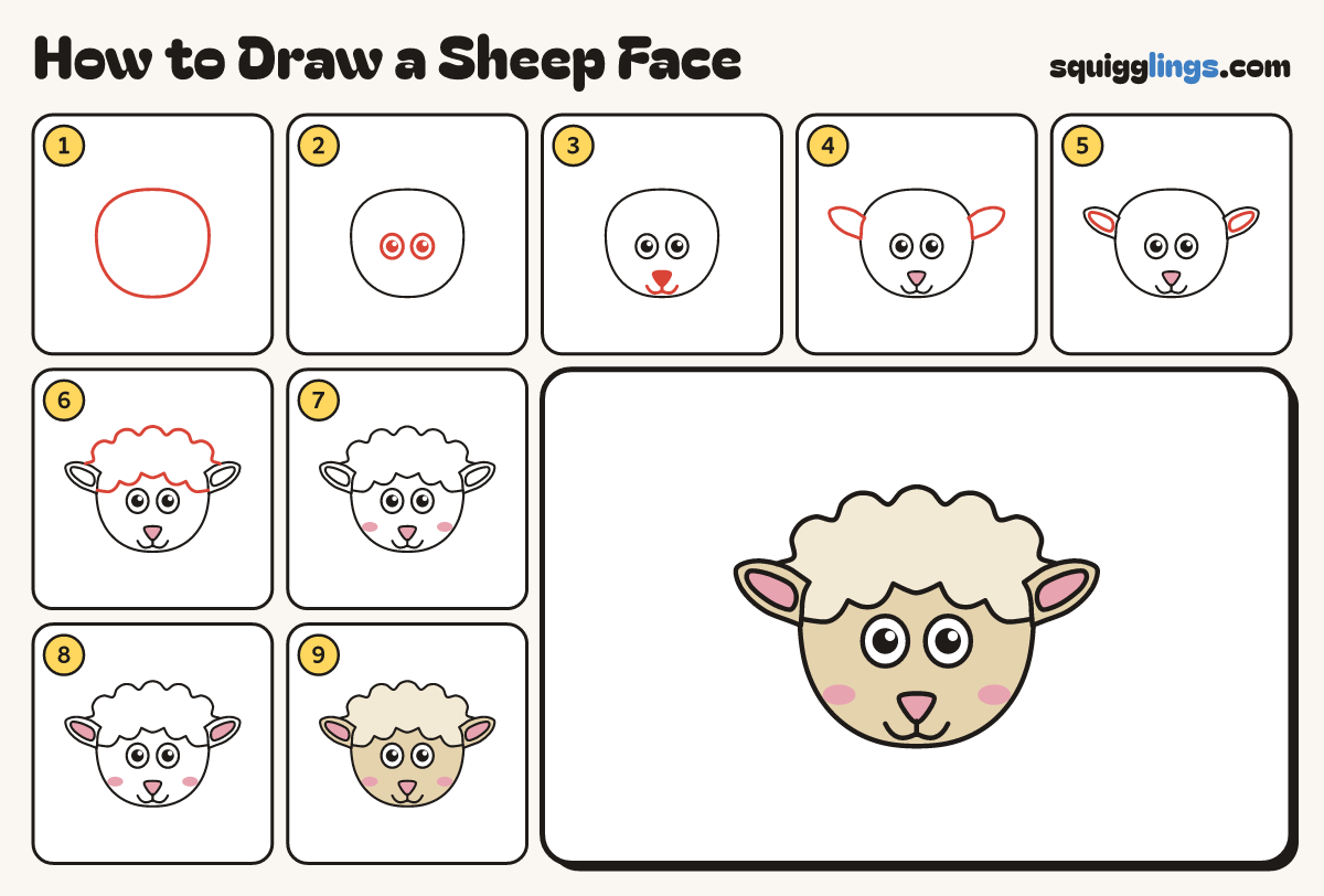 How to Draw a Sheep Face step by step: all 9 steps in one picture