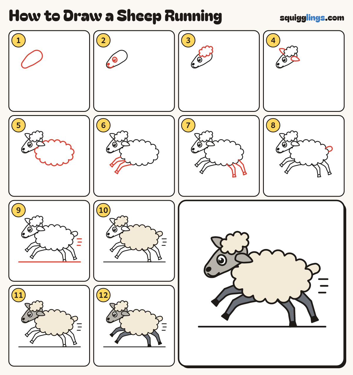 How to Draw a Sheep Running step by step: all 12 steps in one picture