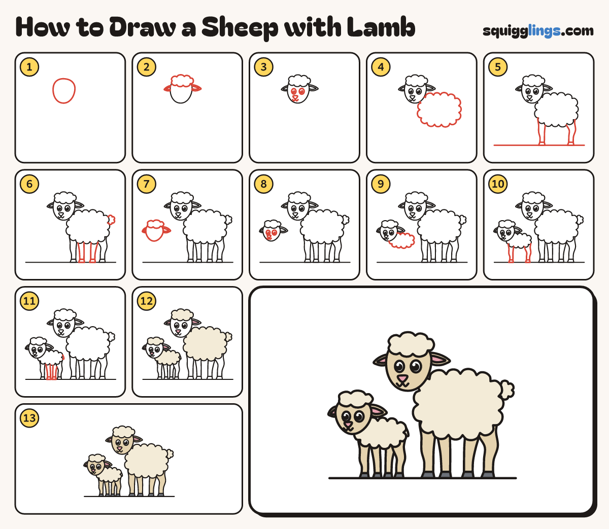 How to Draw a Sheep with Lamb step by step: all 13 steps in one picture