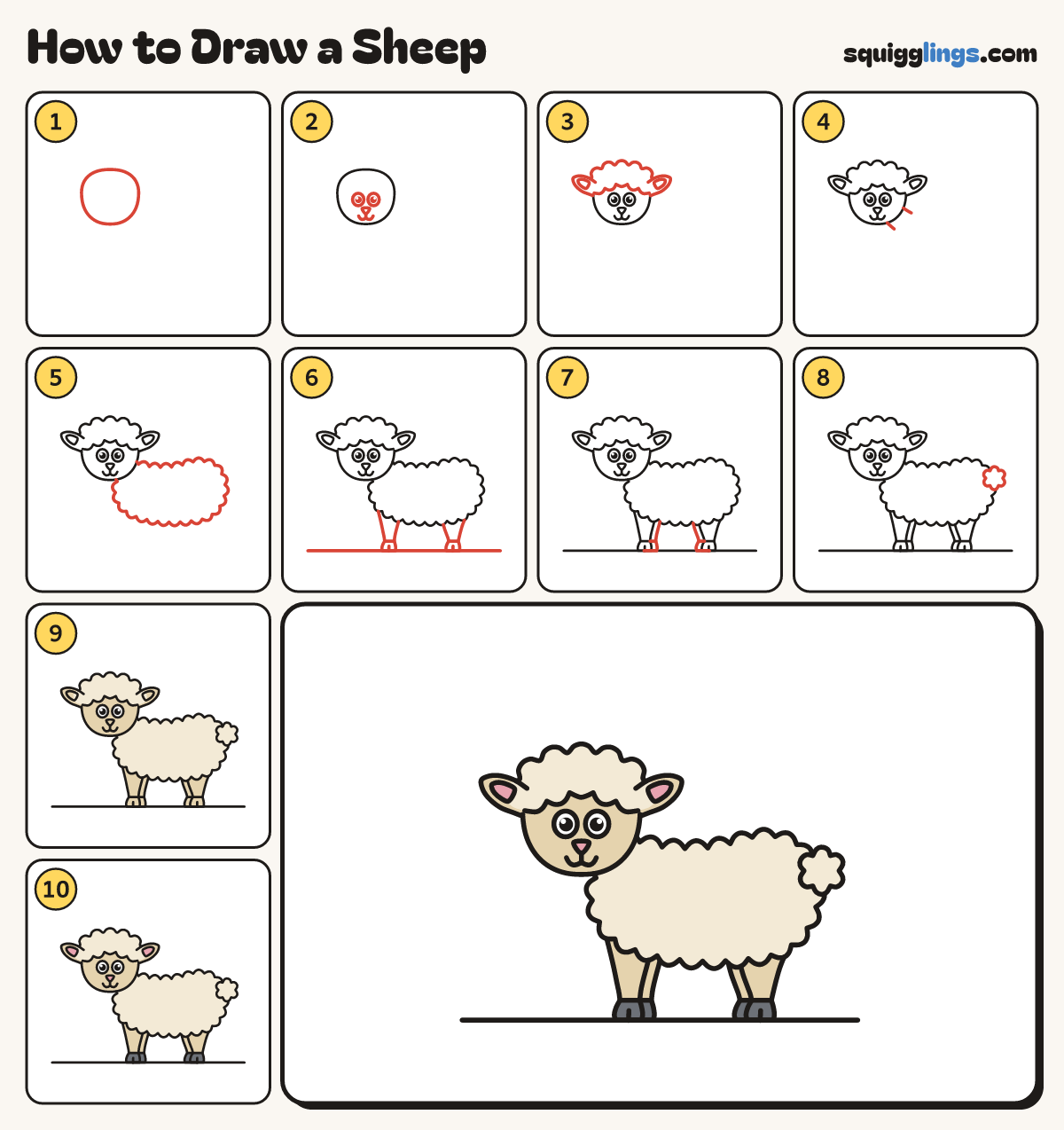 How to Draw a Sheep step by step: all 10 steps in one picture