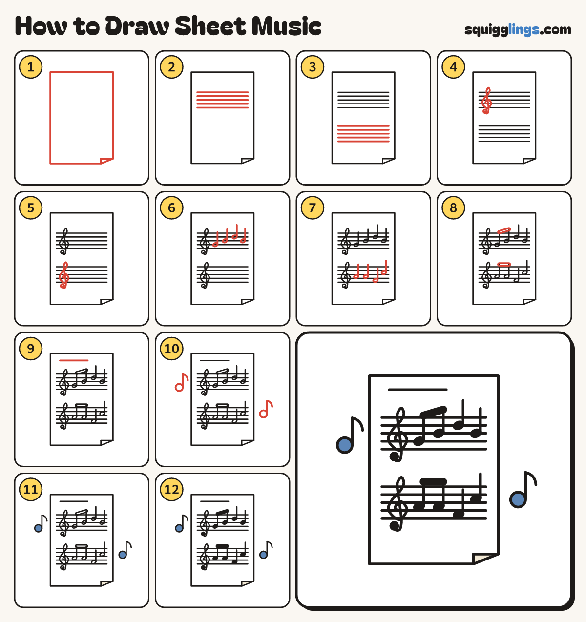 How to Draw Sheet Music step by step: all 12 steps in one picture