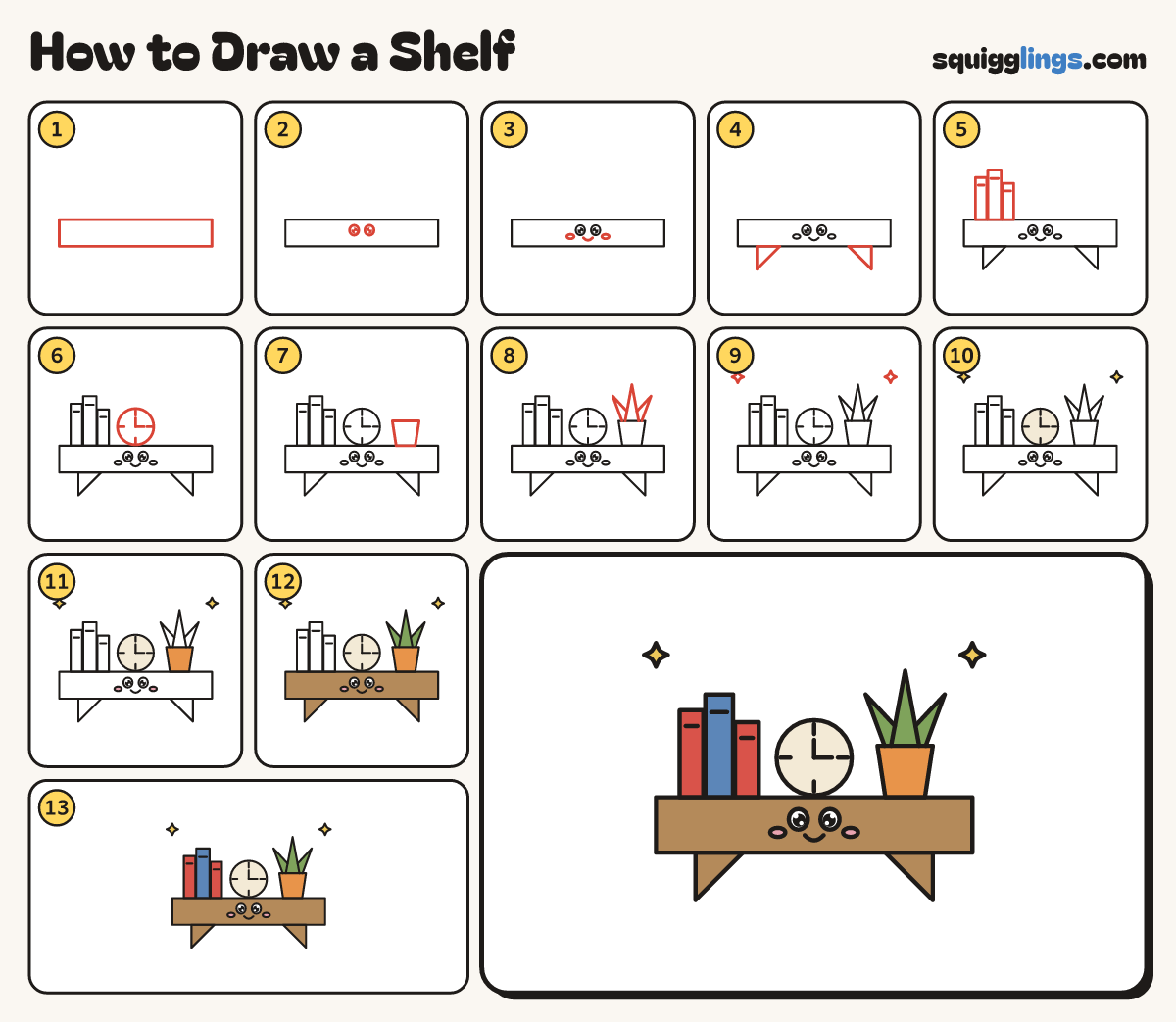 How to Draw a Shelf step by step: all 13 steps in one picture