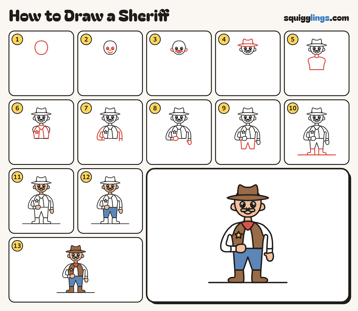 How to Draw a Sheriff step by step: all 13 steps in one picture