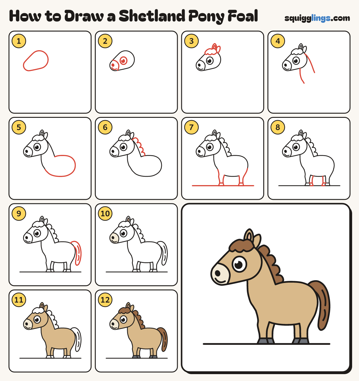 How to Draw a Shetland Pony Foal step by step: all 12 steps in one picture