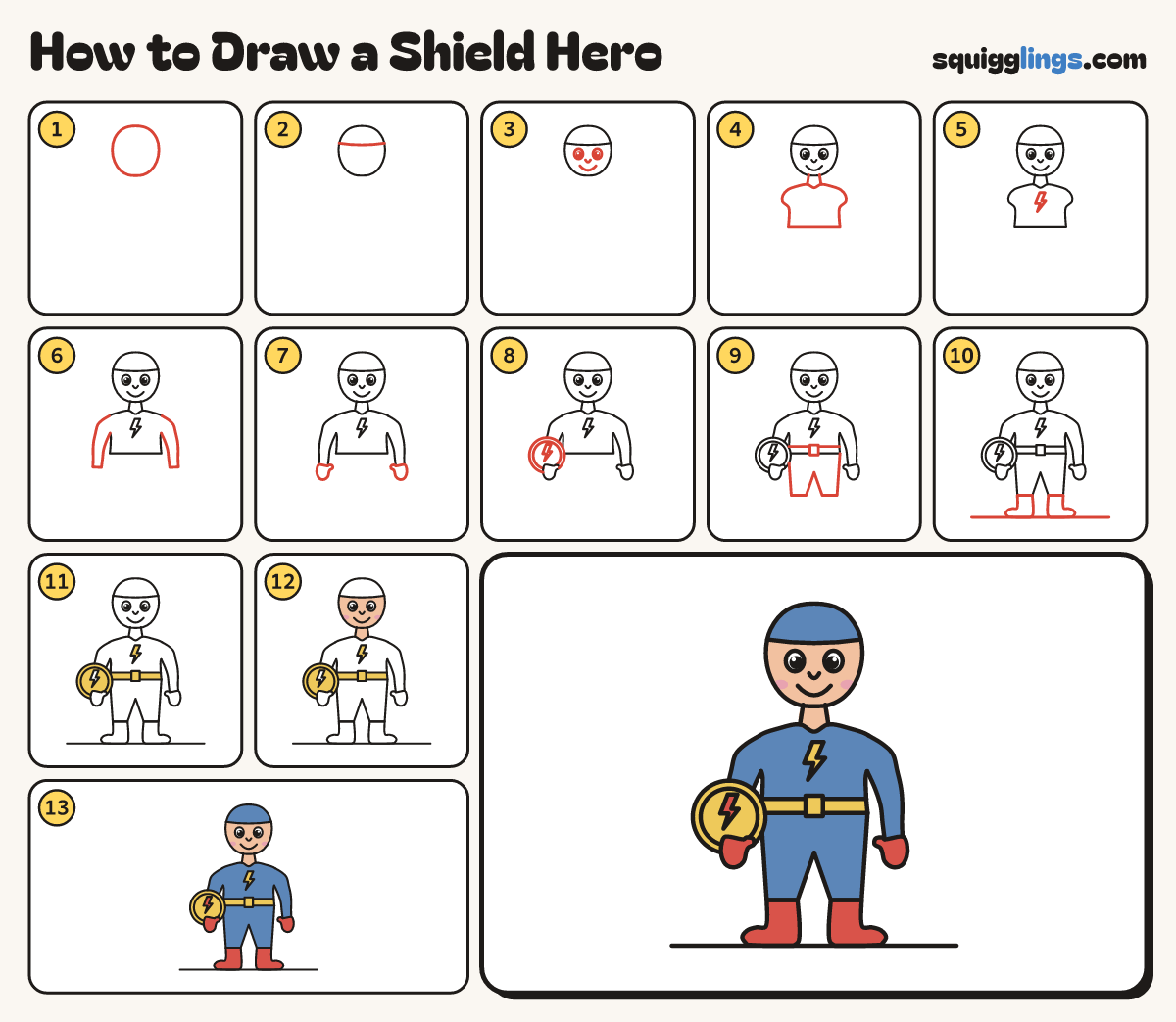 How to Draw a Shield Hero step by step: all 13 steps in one picture