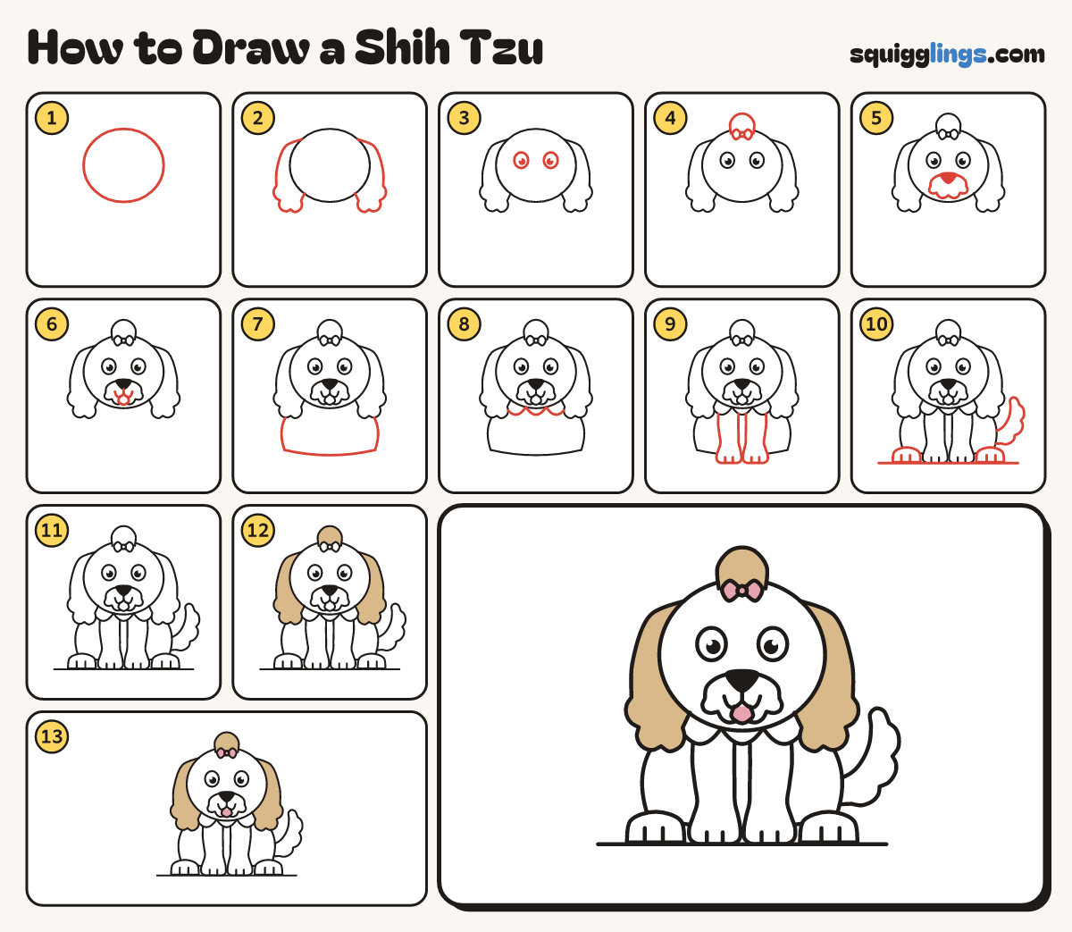 How to Draw a Shih Tzu step by step: all 13 steps in one picture