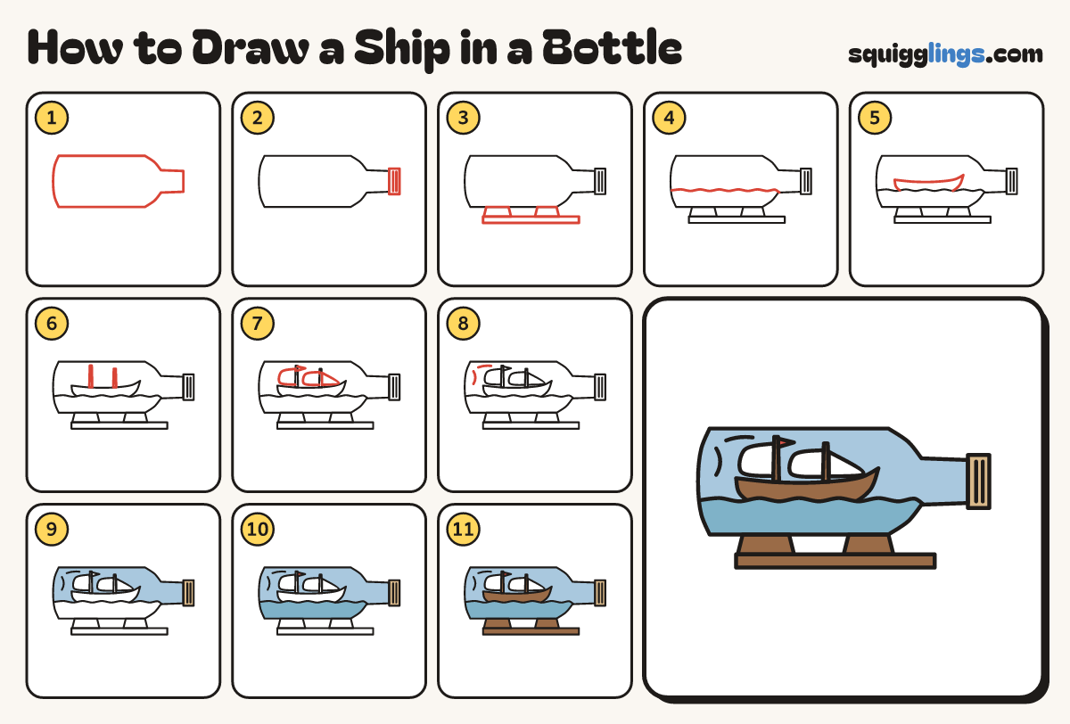 How to Draw a Ship in a Bottle step by step: all 11 steps in one picture