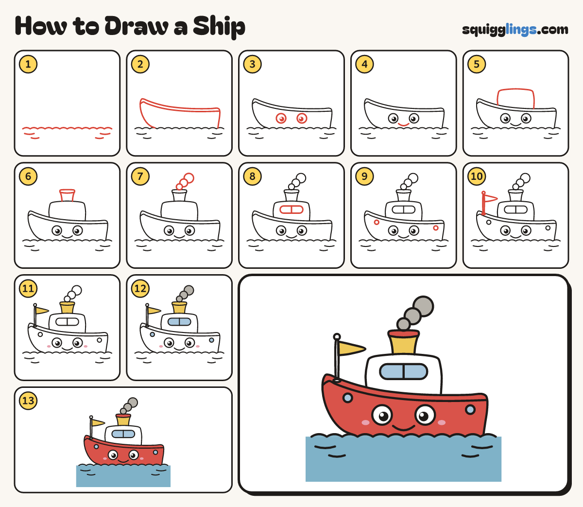 How to Draw a Ship step by step: all 13 steps in one picture