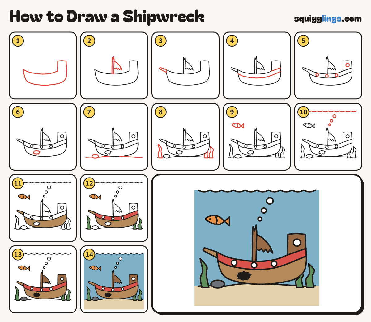 How to Draw a Shipwreck step by step: all 14 steps in one picture