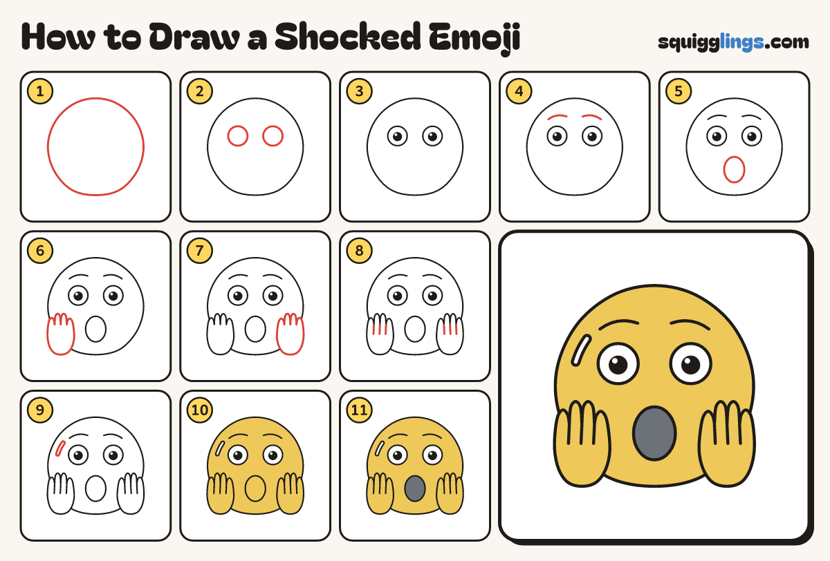 How to Draw a Shocked Emoji step by step: all 11 steps in one picture