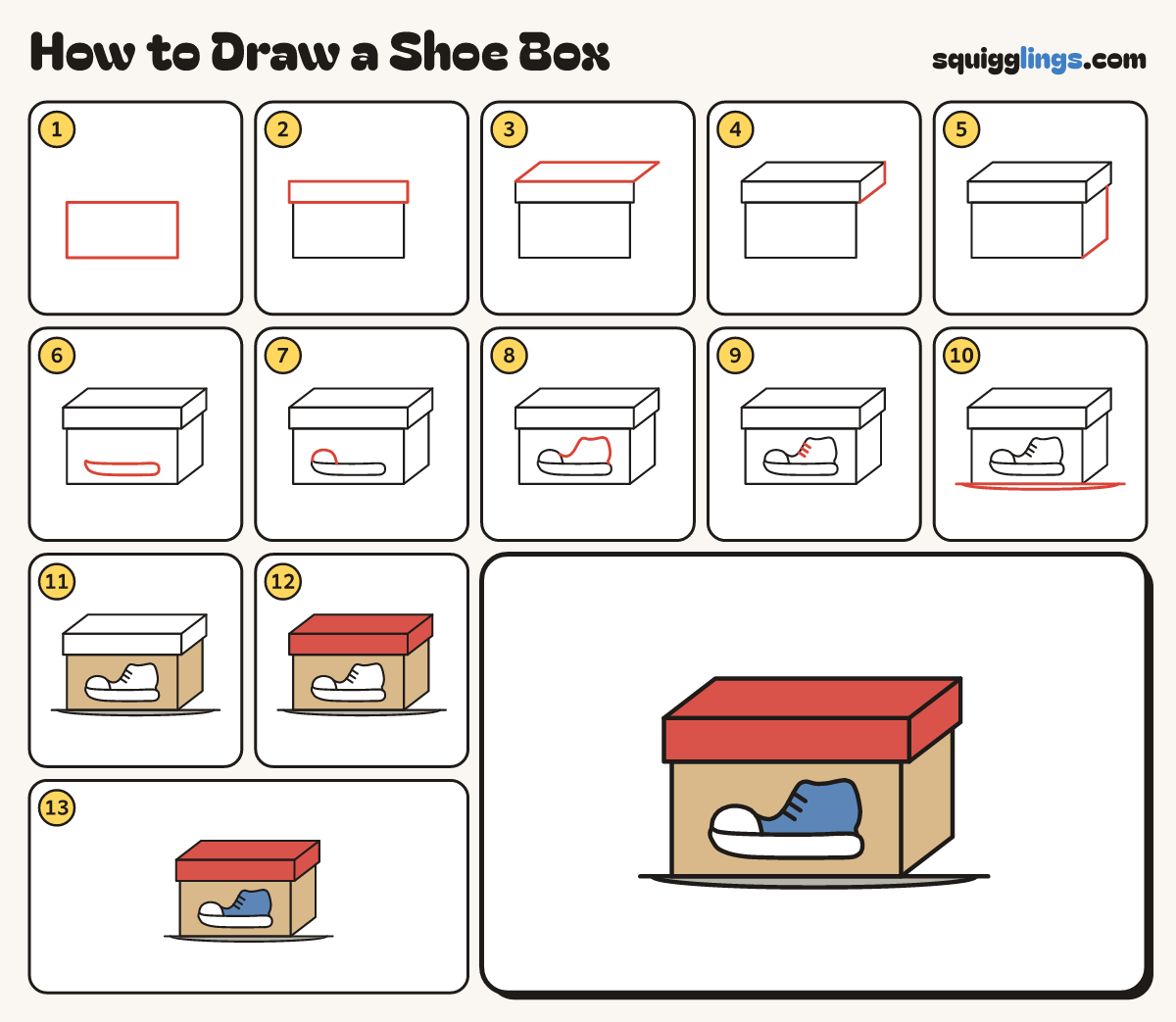 How to Draw a Shoe Box step by step: all 13 steps in one picture
