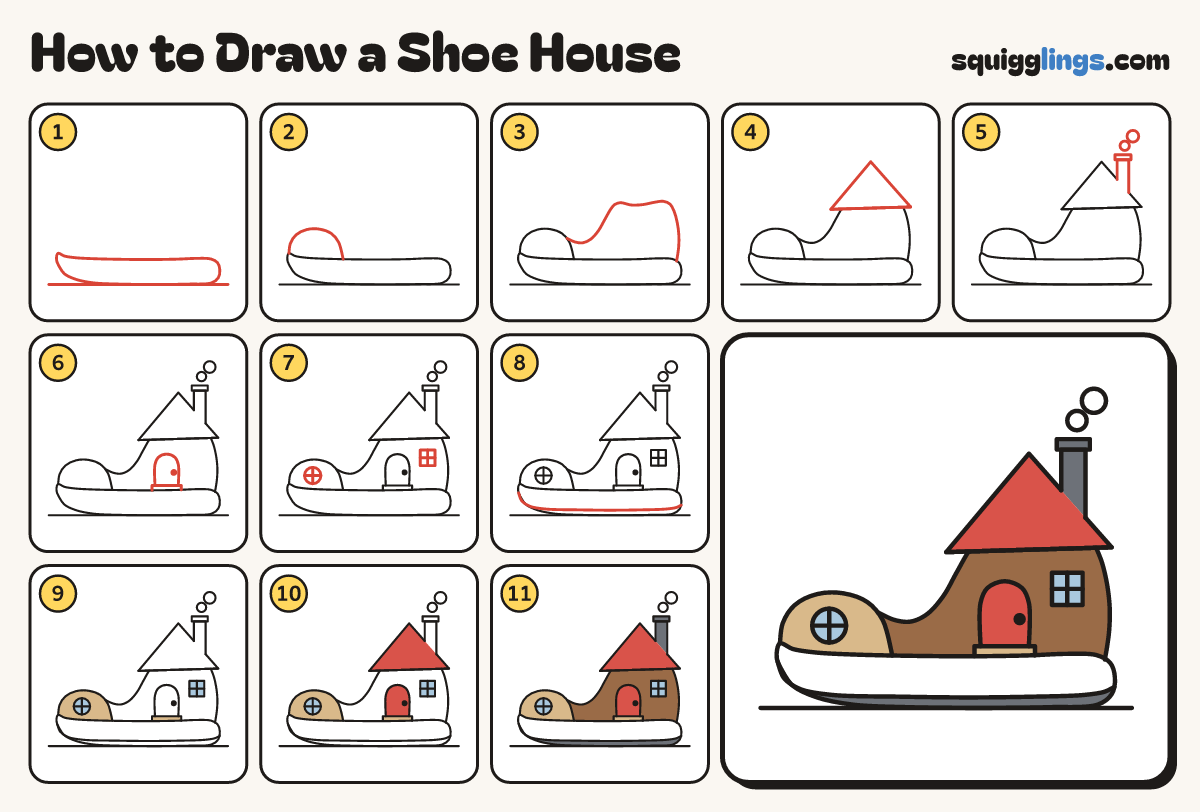 How to Draw a Shoe House step by step: all 11 steps in one picture