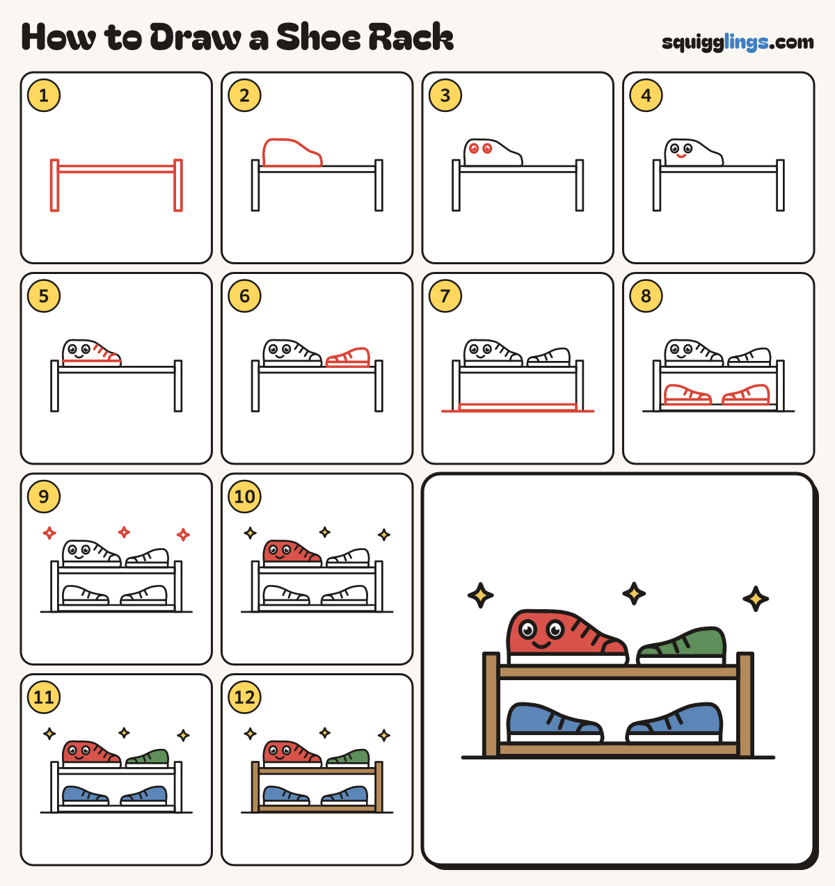 How to Draw a Shoe Rack step by step: all 12 steps in one picture