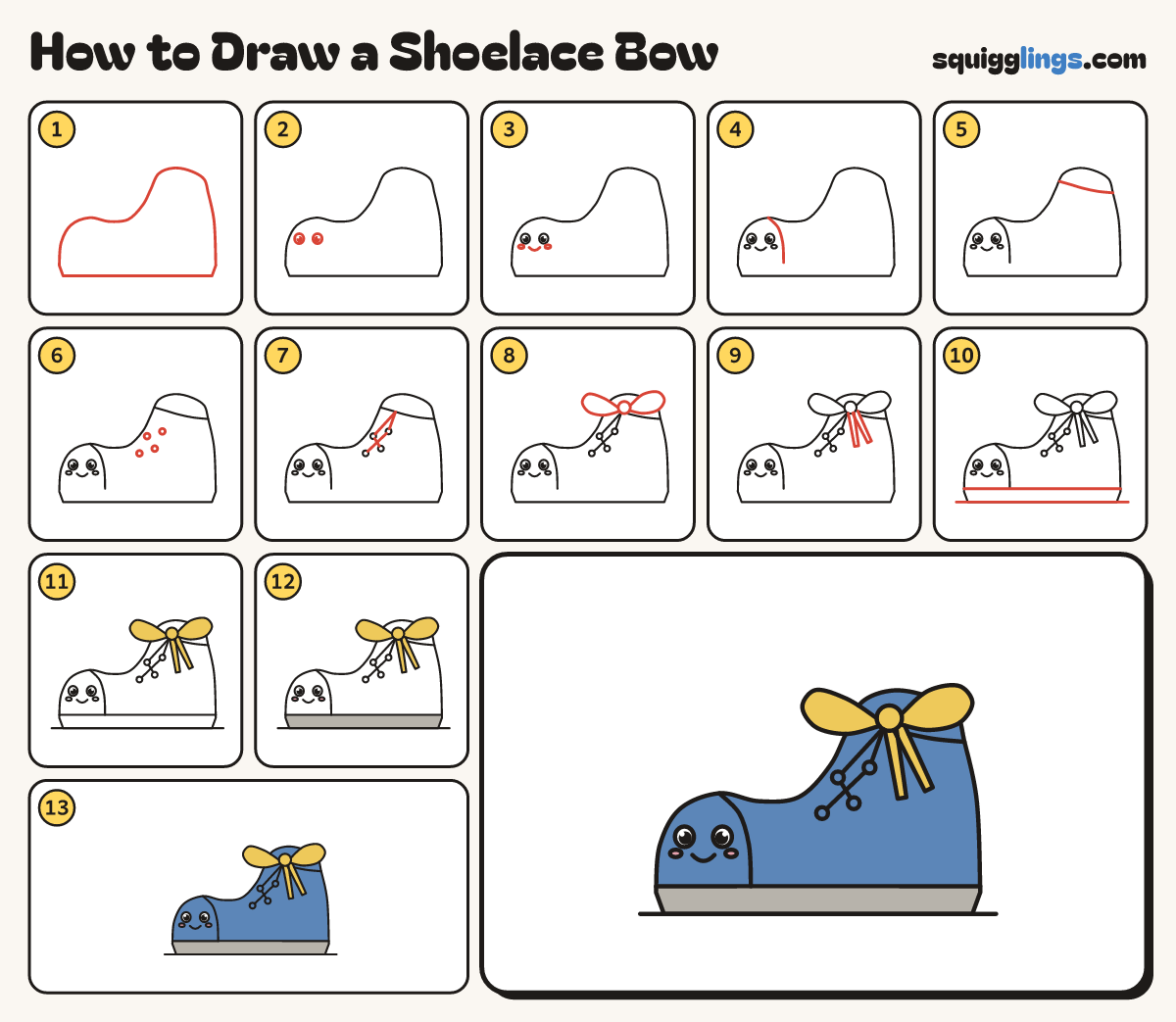 How to Draw a Shoelace Bow step by step: all 13 steps in one picture