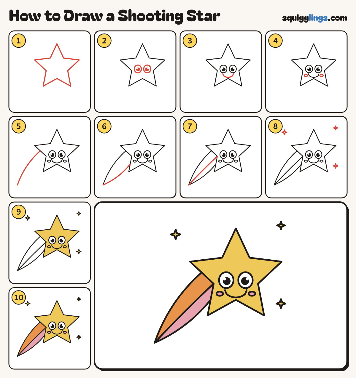 How to Draw a Shooting Star step by step: all 10 steps in one picture