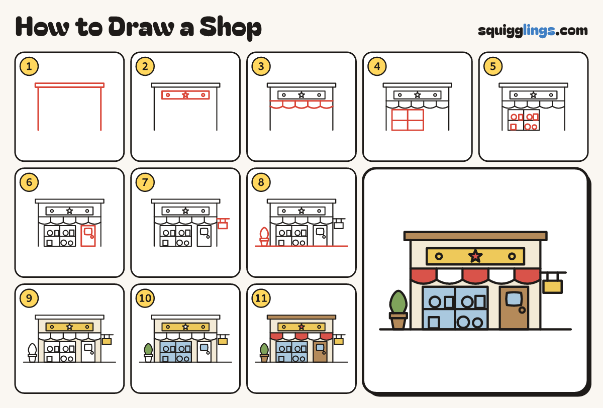 How to Draw a Shop step by step: all 11 steps in one picture