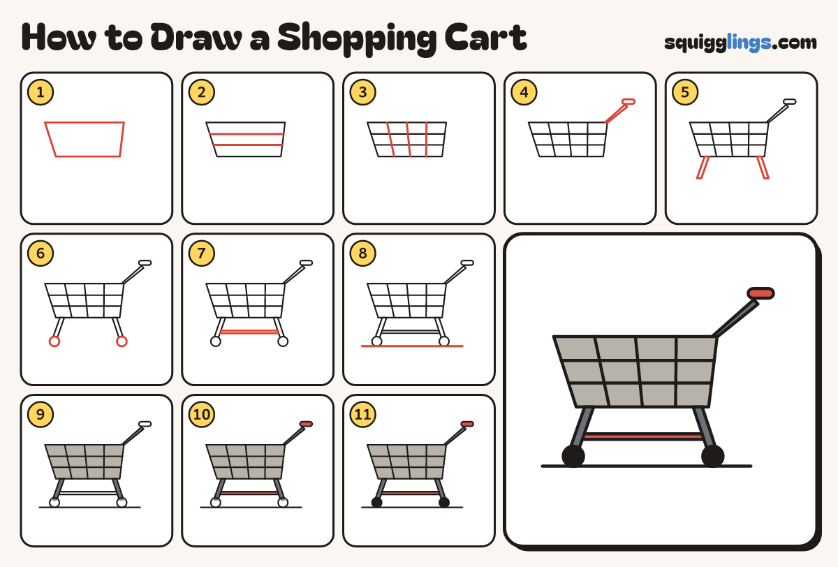 How to Draw a Shopping Cart step by step: all 11 steps in one picture