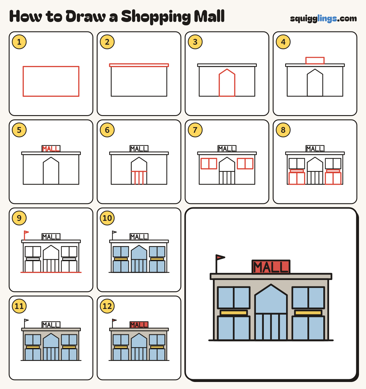 How to Draw a Shopping Mall step by step: all 12 steps in one picture