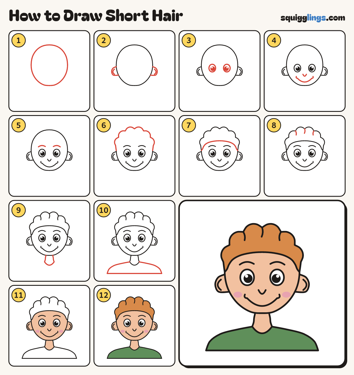 How to Draw Short Hair step by step: all 12 steps in one picture
