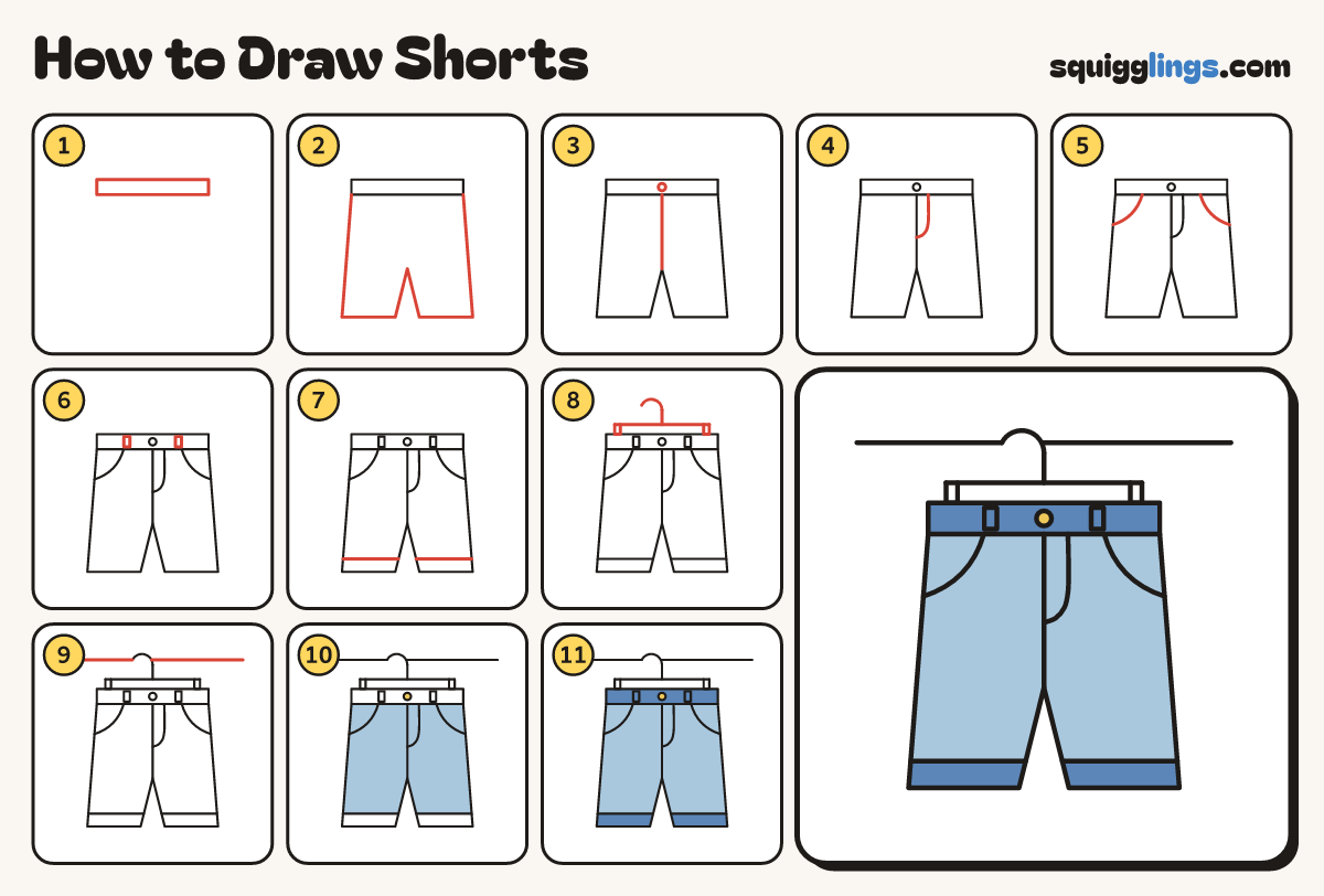 How to Draw Shorts step by step: all 11 steps in one picture