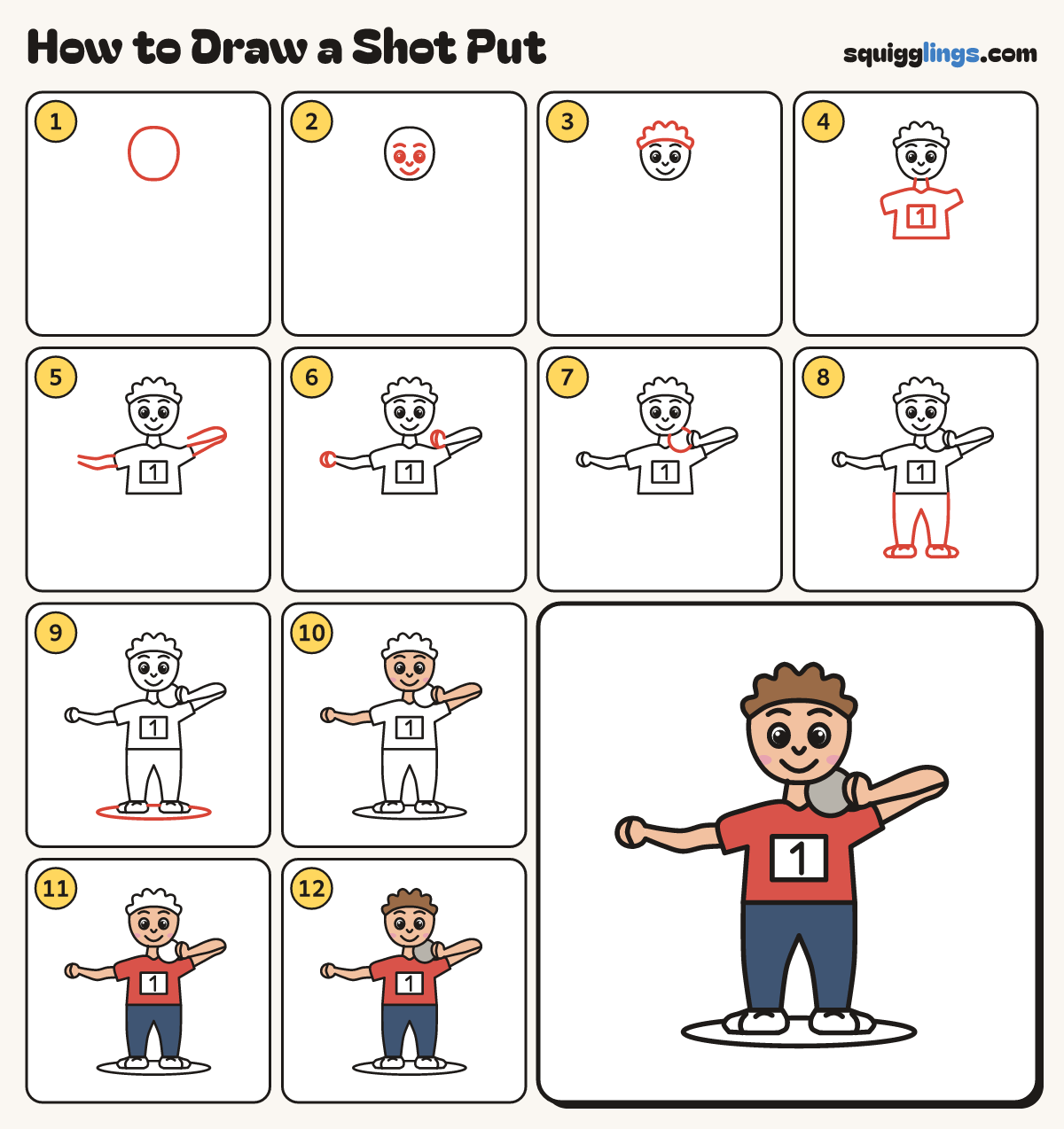 How to Draw a Shot Put step by step: all 12 steps in one picture