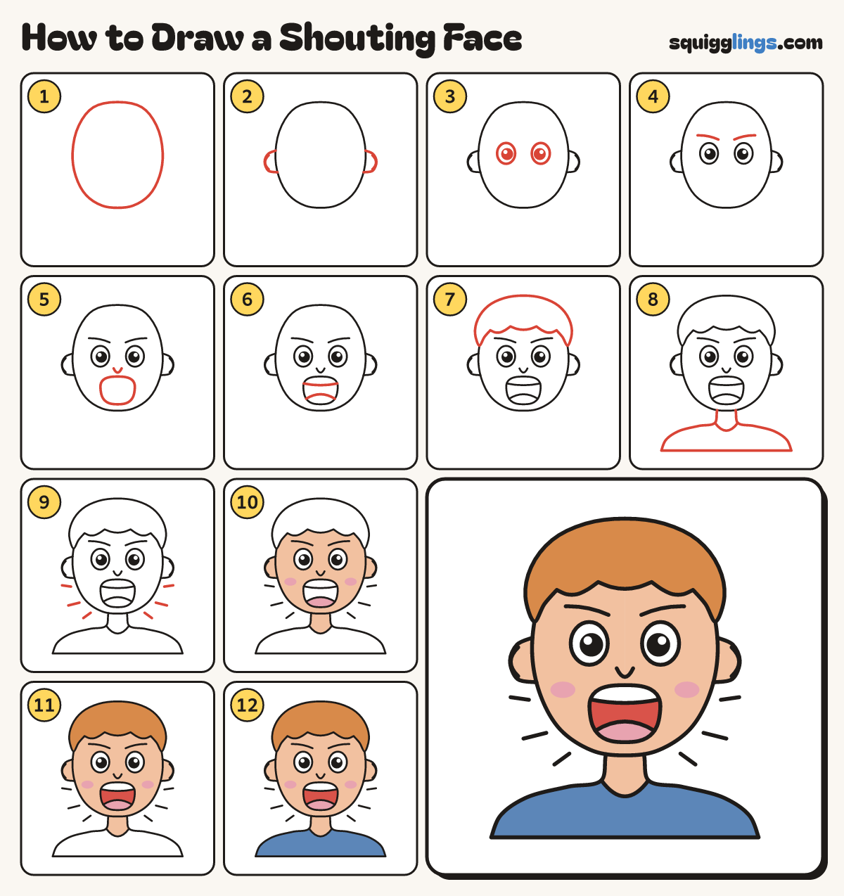 How to Draw a Shouting Face step by step: all 12 steps in one picture