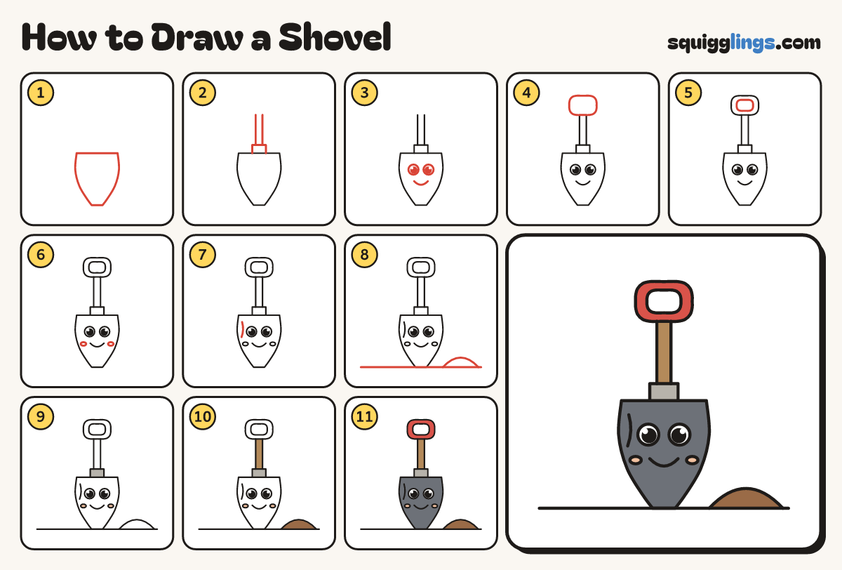 How to Draw a Shovel step by step: all 11 steps in one picture