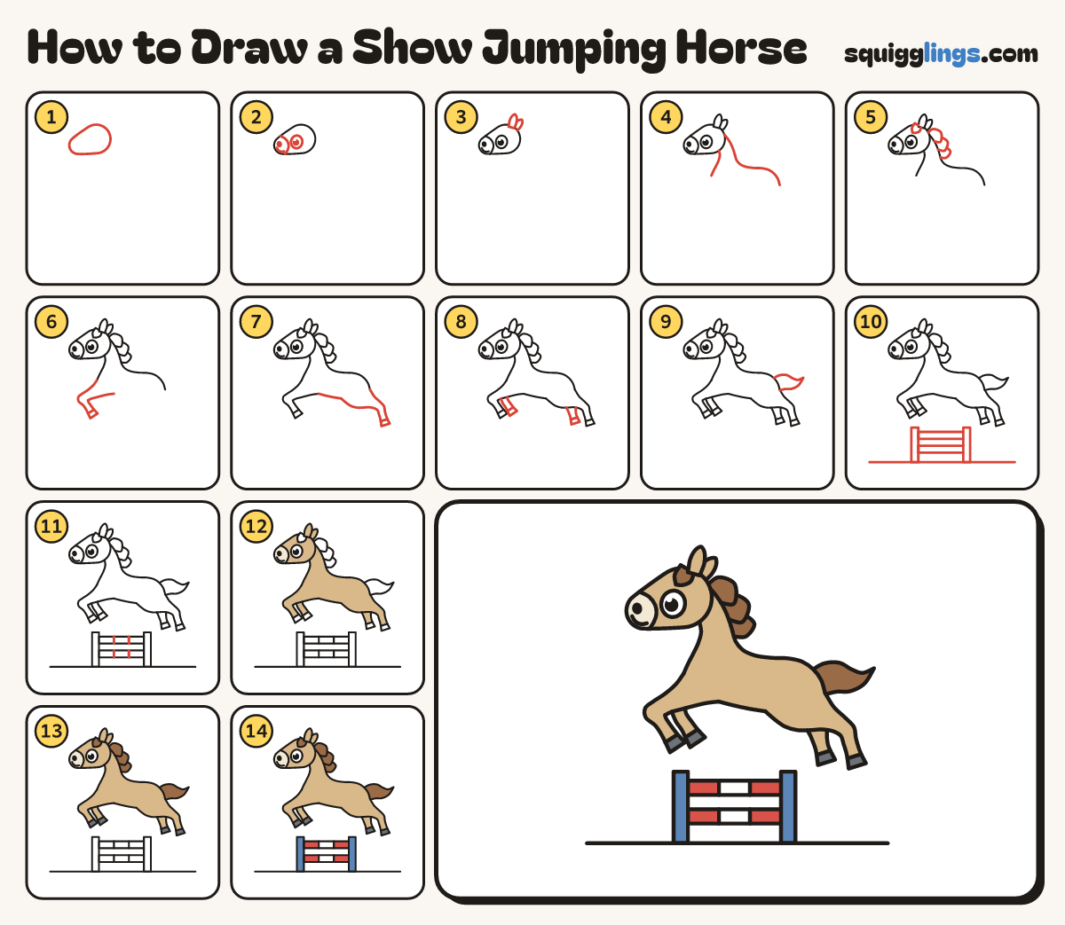 How to Draw a Show Jumping Horse step by step: all 14 steps in one picture