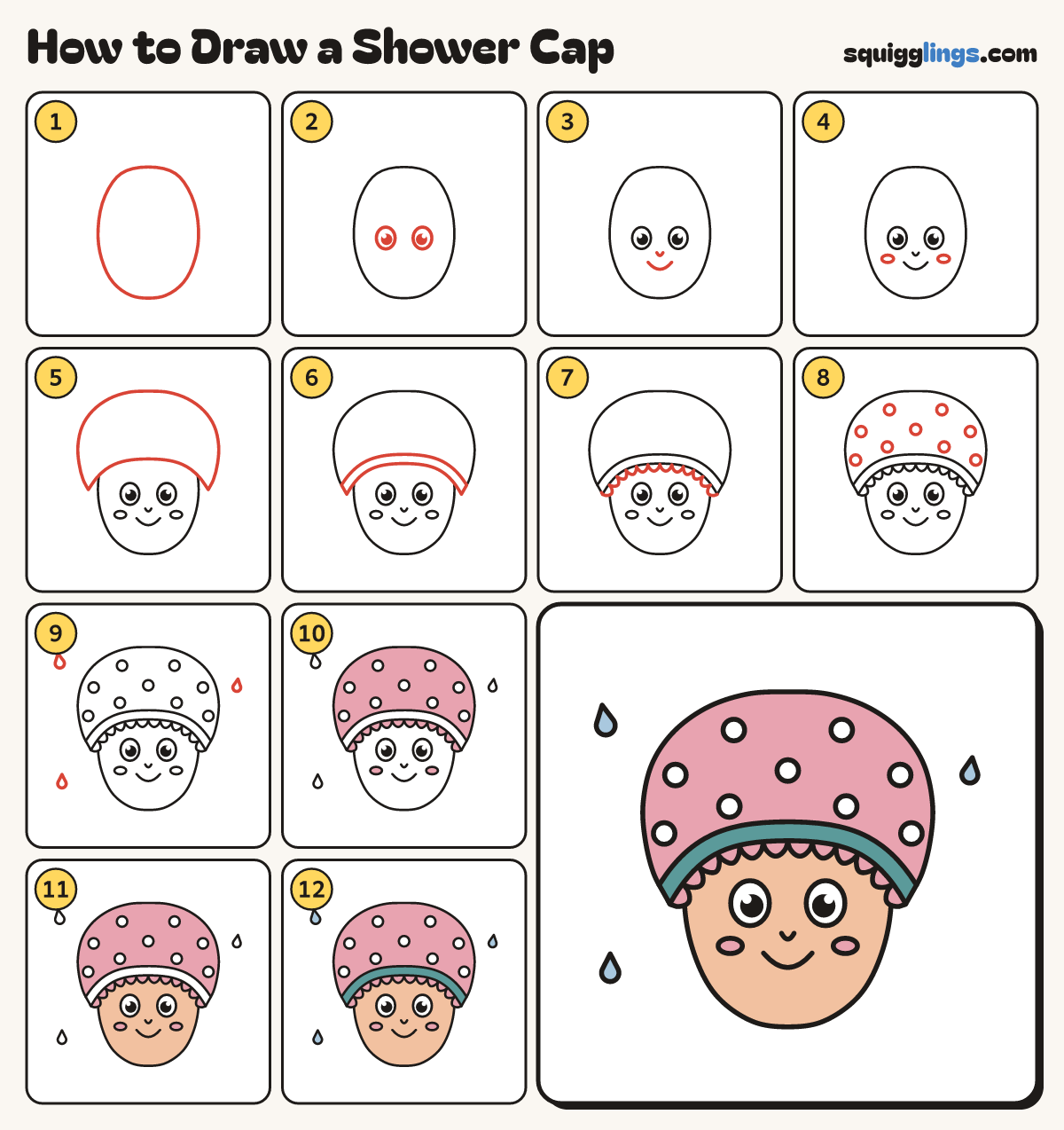 How to Draw a Shower Cap step by step: all 12 steps in one picture