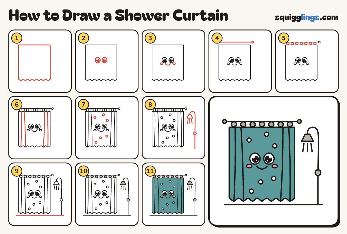 How to Draw a Shower Curtain step by step: all 11 steps in one picture