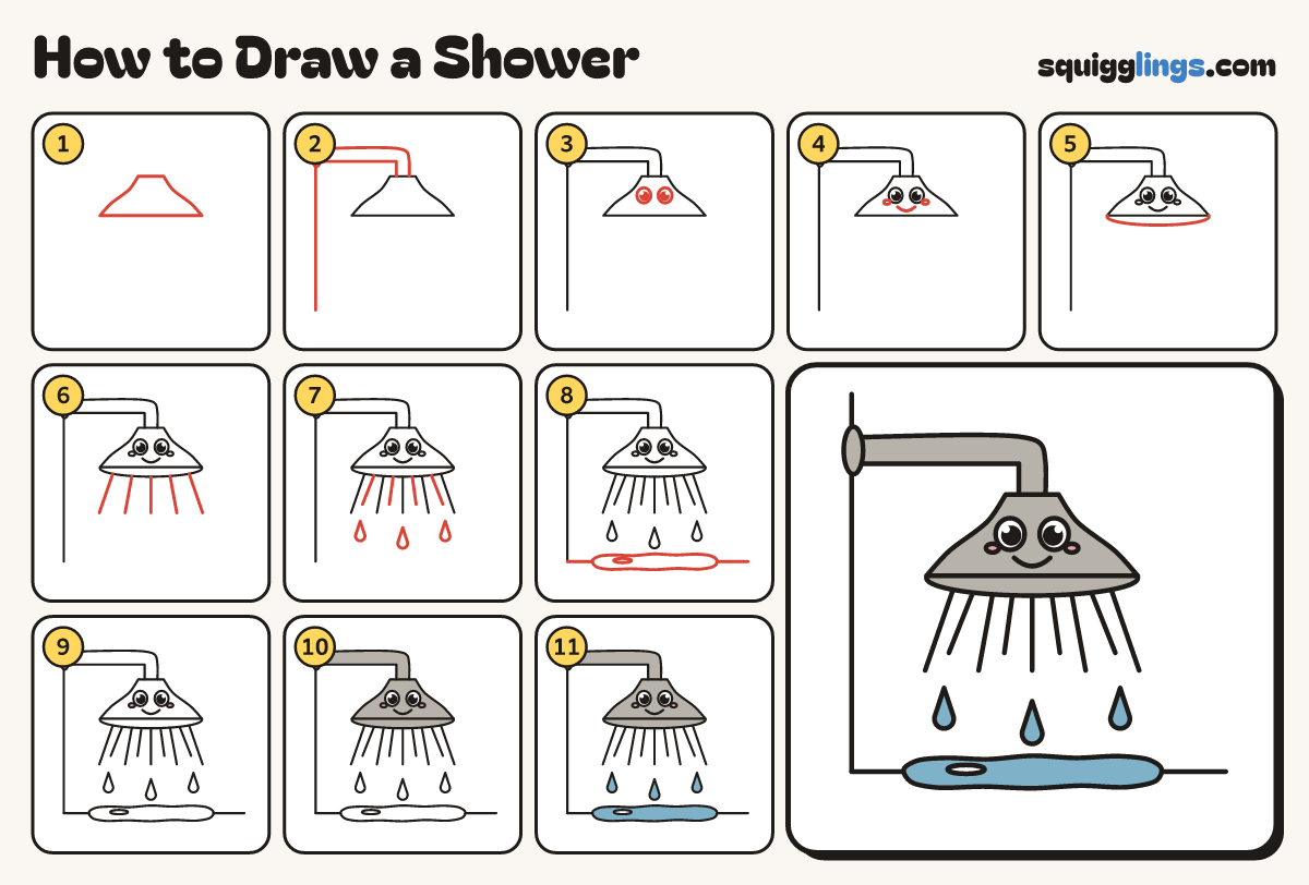 How to Draw a Shower step by step: all 11 steps in one picture