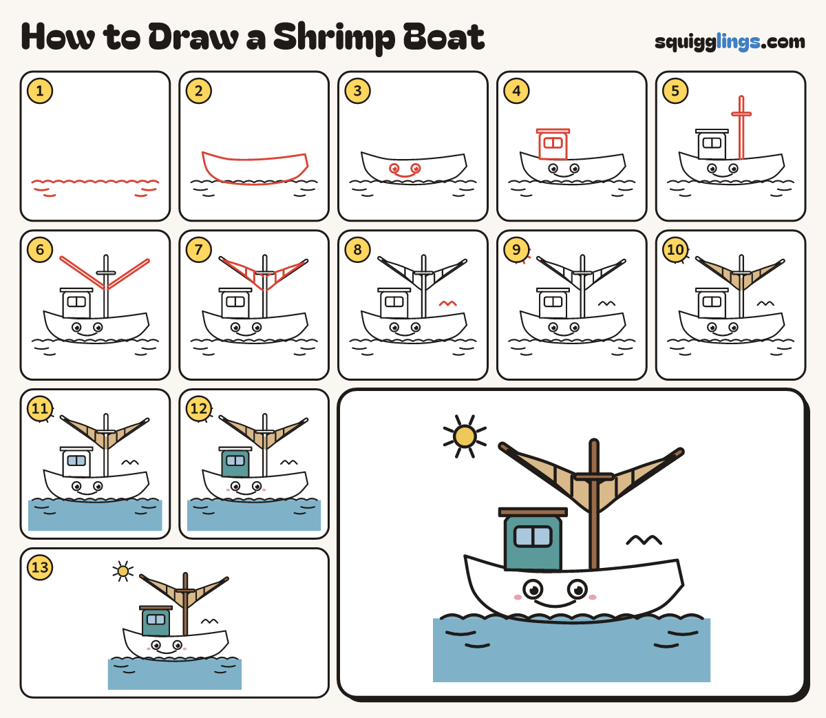How to Draw a Shrimp Boat step by step: all 13 steps in one picture