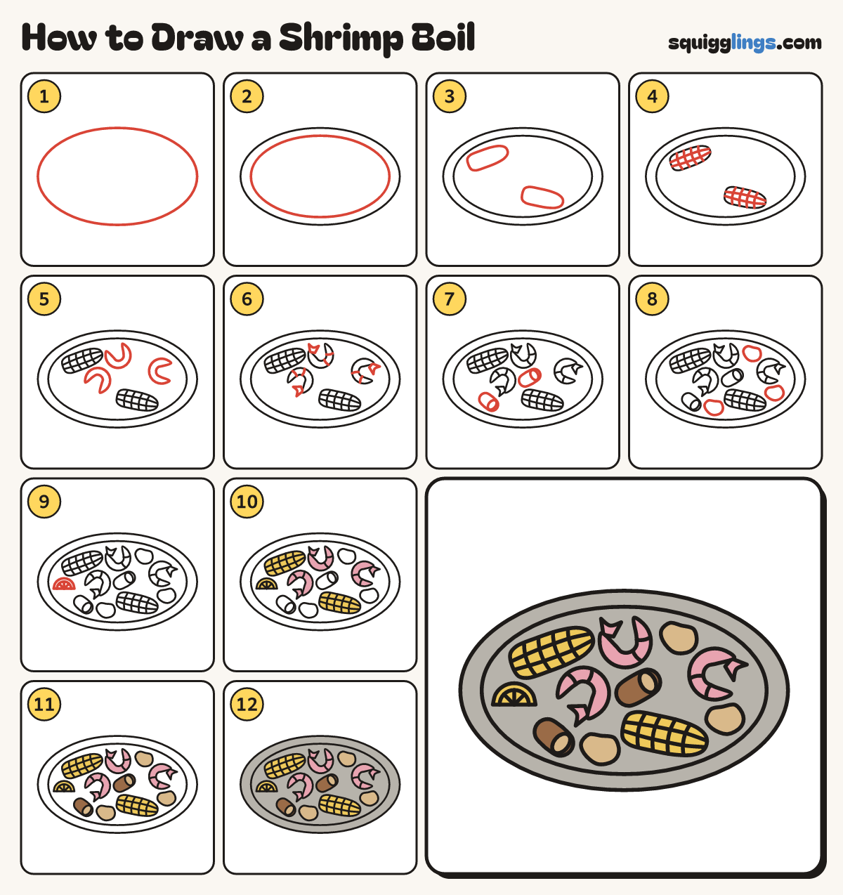 How to Draw a Shrimp Boil step by step: all 12 steps in one picture