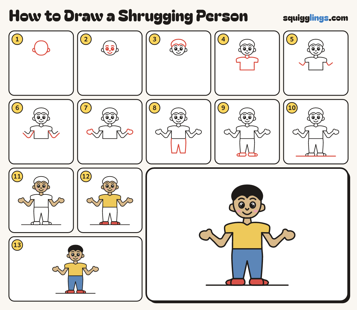 How to Draw a Shrugging Person step by step: all 13 steps in one picture