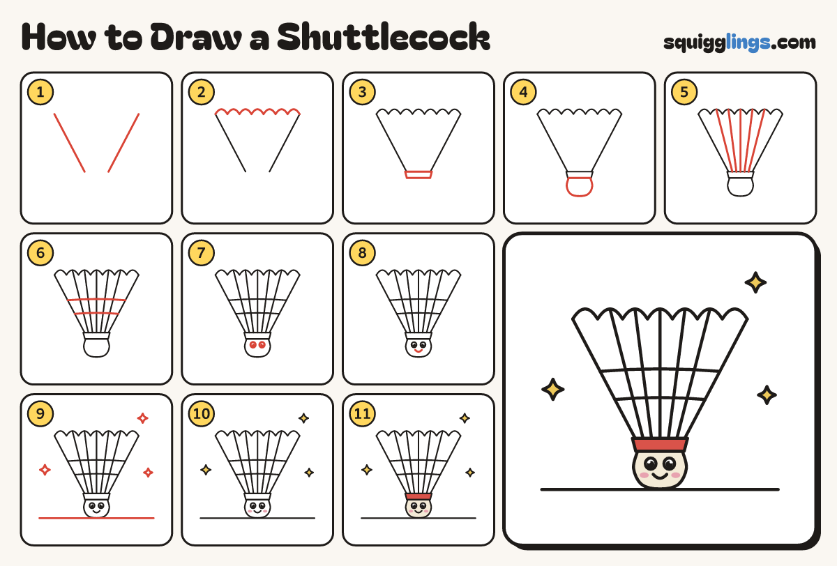 How to Draw a Shuttlecock step by step: all 11 steps in one picture
