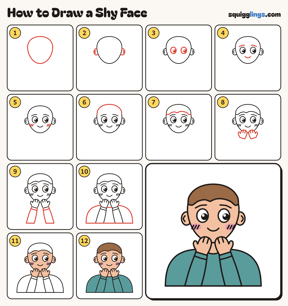 How to Draw a Shy Face step by step: all 12 steps in one picture