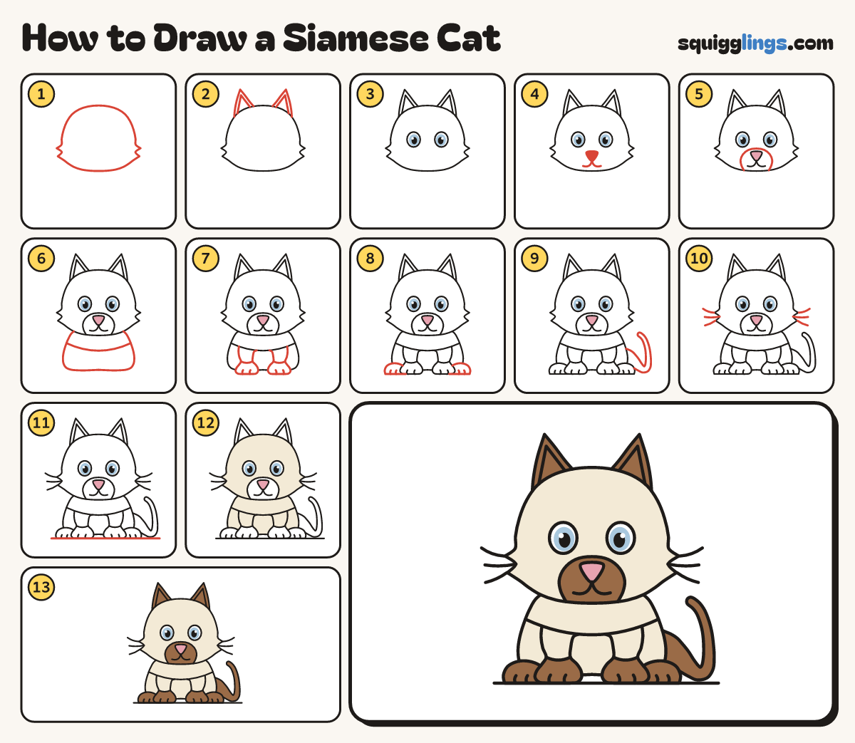 How to Draw a Siamese Cat step by step: all 13 steps in one picture