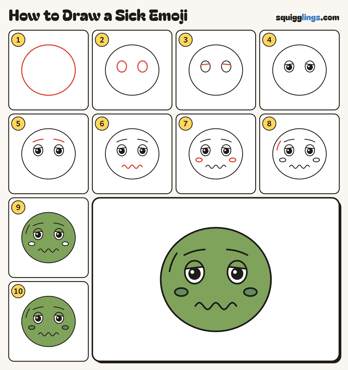 How to Draw a Sick Emoji step by step: all 10 steps in one picture