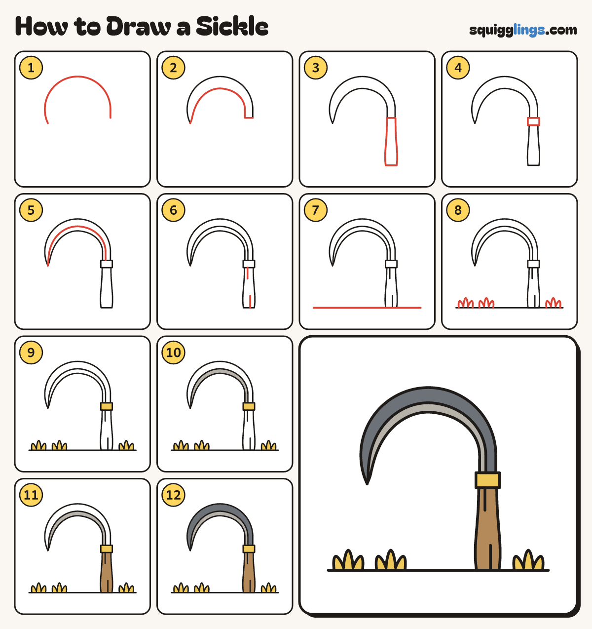 How to Draw a Sickle step by step: all 12 steps in one picture