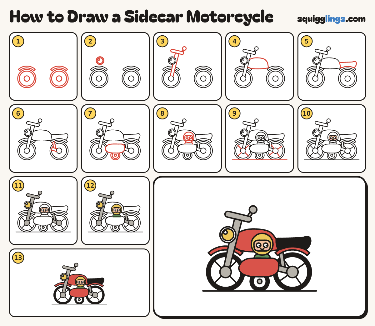 How to Draw a Sidecar Motorcycle step by step: all 13 steps in one picture