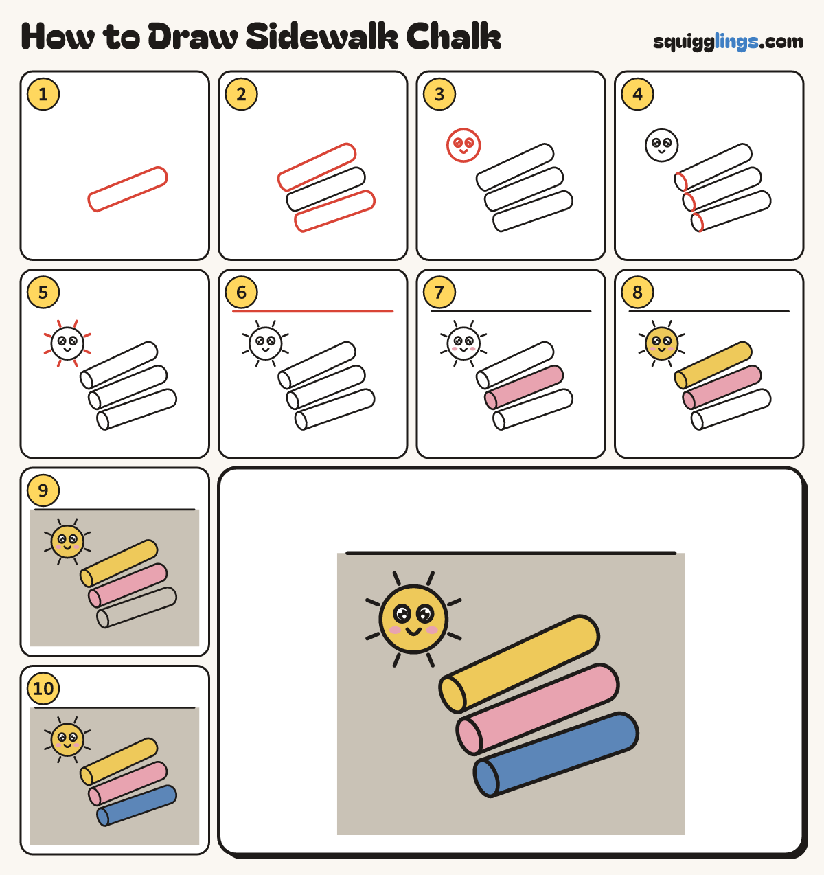 How to Draw Sidewalk Chalk step by step: all 10 steps in one picture