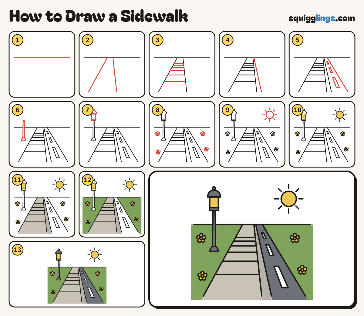 How to Draw a Sidewalk step by step: all 13 steps in one picture